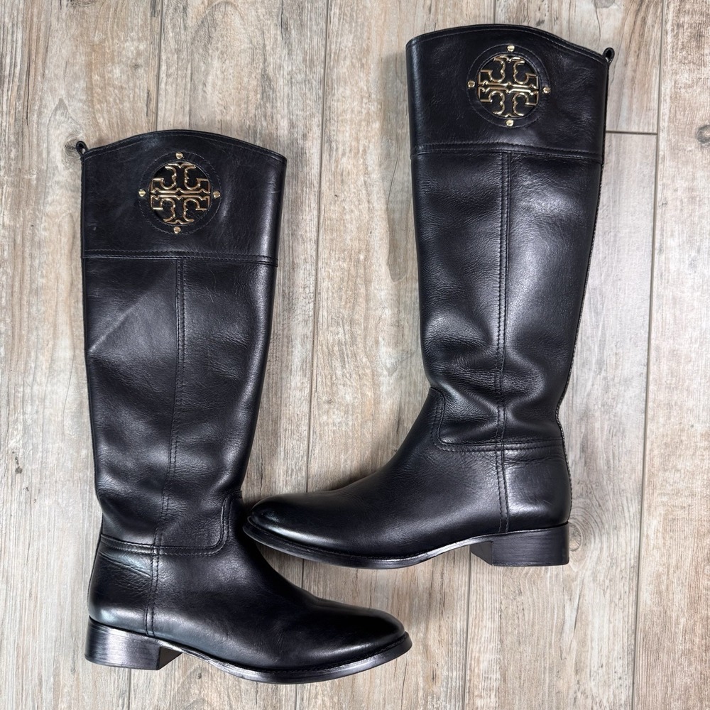 Tory Burch Black Leather Knee High Boots Gold Medallion Size 8.5 M